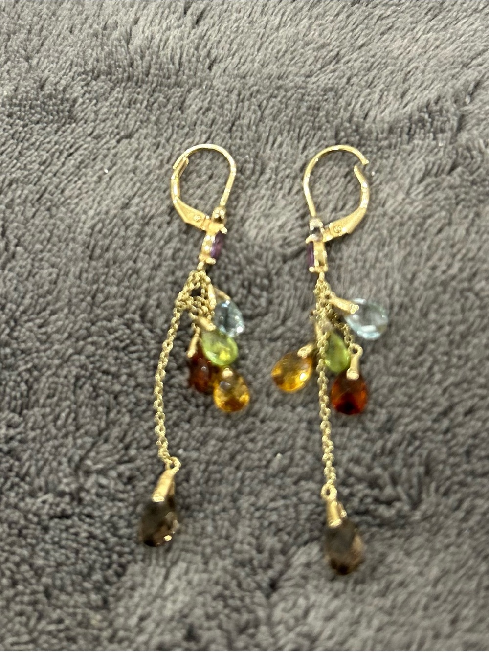 Solid 14 K gold Multi-Color semi precious stones Dangle Teardrop Earrings